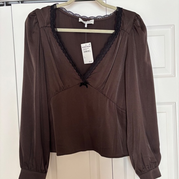 Wayf Longsleeve Brown Satin & Lace Blouse - Picture 2 of 6